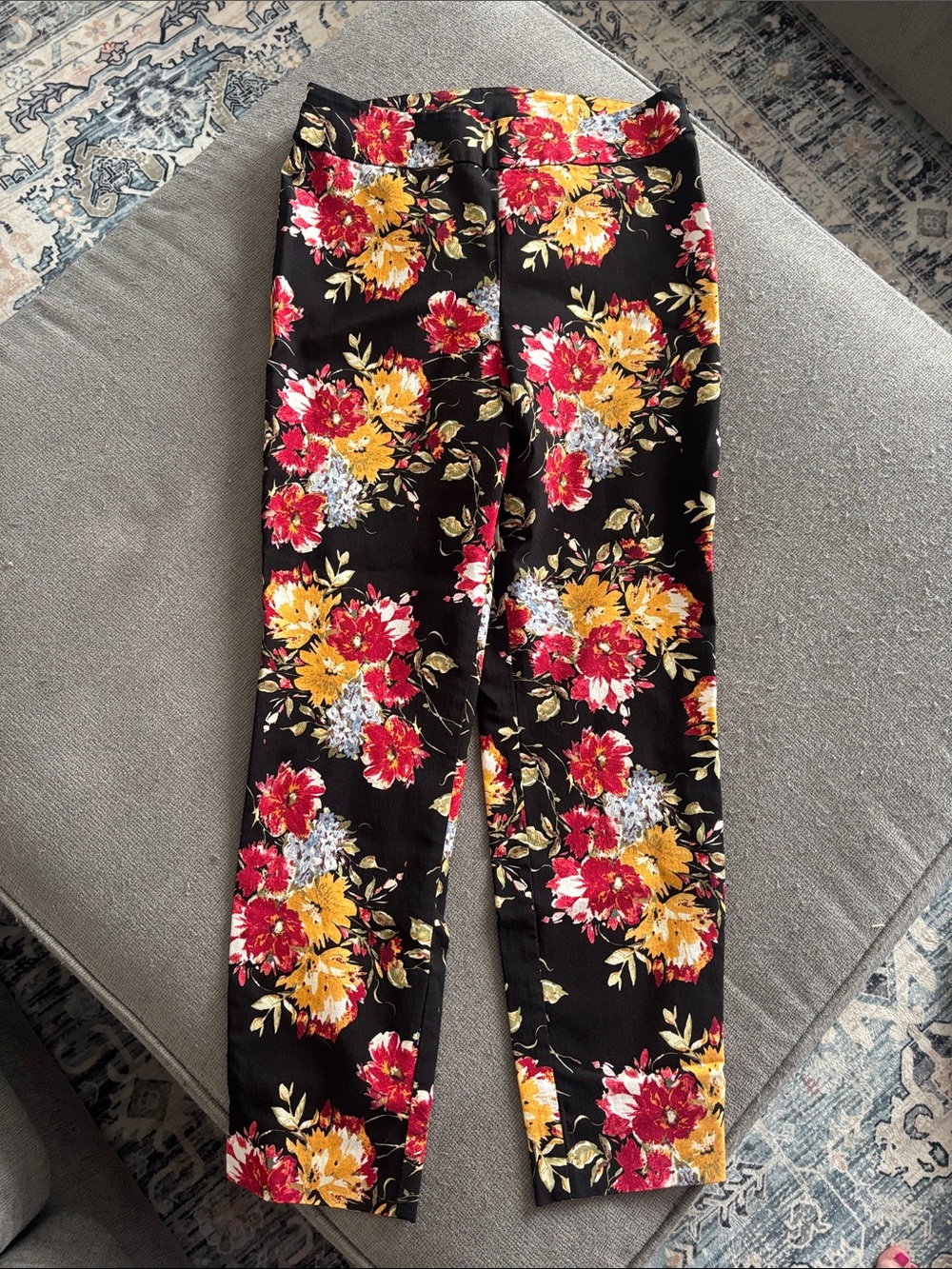 Time and Tru Pants: Black Floral Skinny Slacks with Red & Yellow Flowers